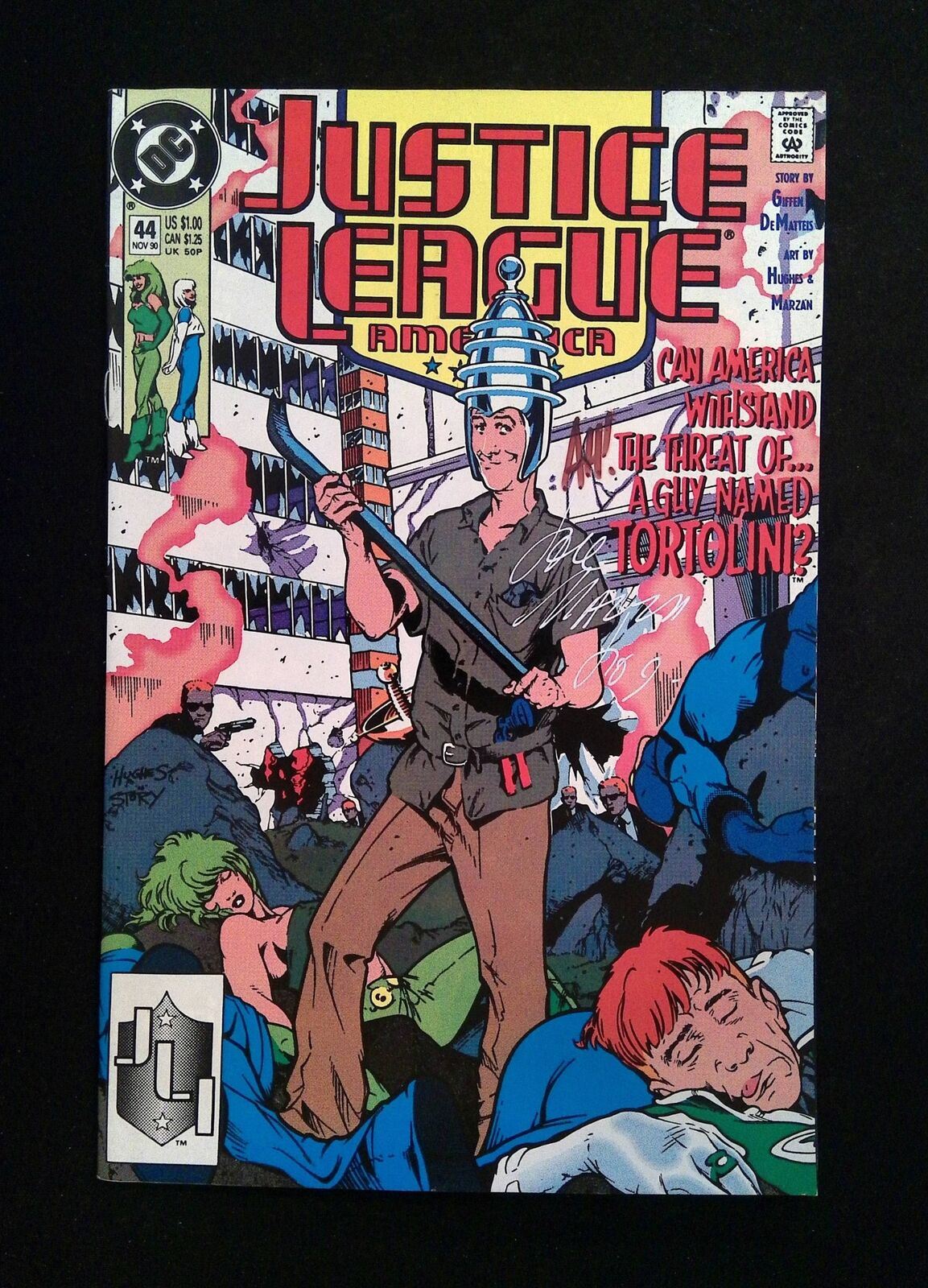 Justice League America #44 DC 1990 VF+ SIGNED BY JOSE MARZAN, ADAM HUGHES