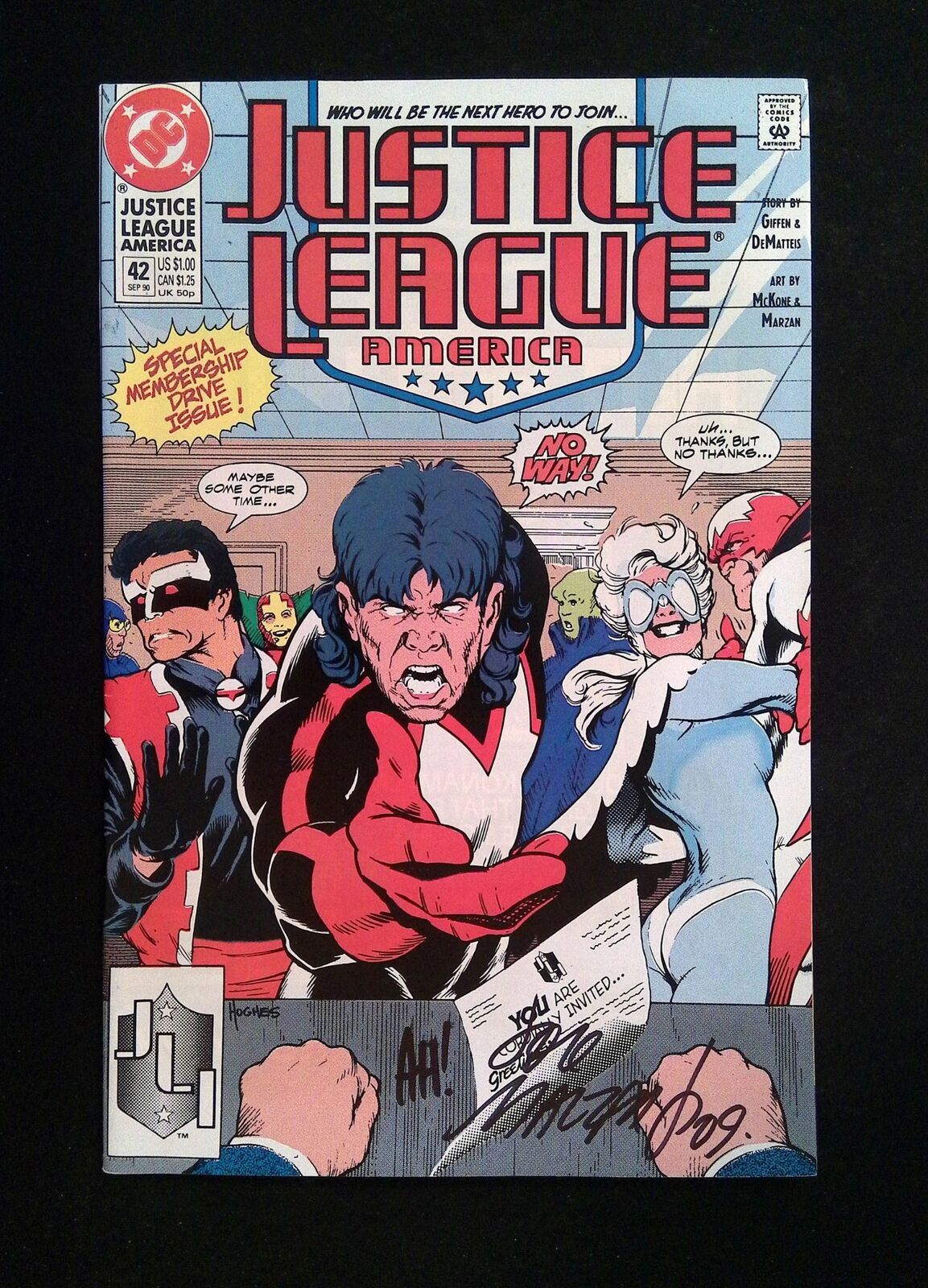 Justice League America #42 DC 1990 VF/NM SIGNED BY JOSE MARZAN, ADAM HUGHES