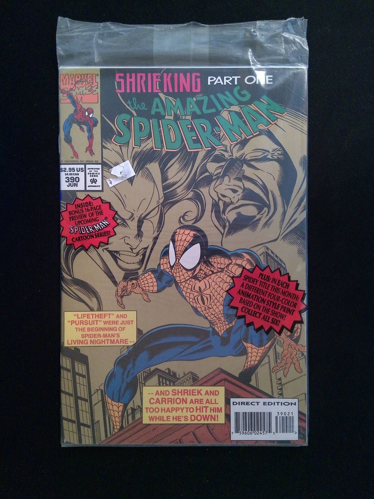 Amazing Spider-Man #390P Marvel 1994 VF+ Polybagged With Animation Print