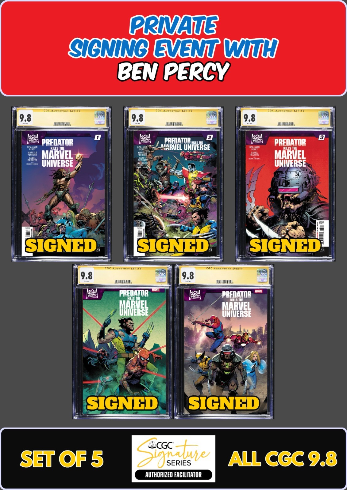 PREDATOR KILLS MARVEL UNIVERSE #1-5 SET MAIN CGC SS 9.8 BEN PERCY SIGNED PRESALE