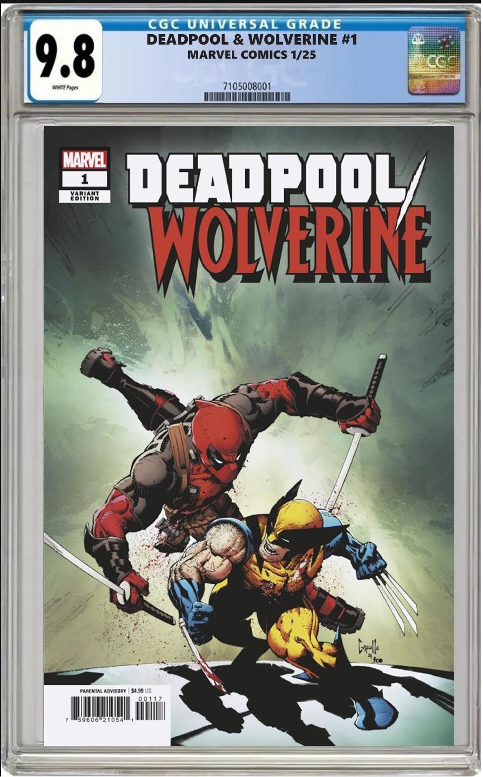 DEADPOOL WOLVERINE #1 MARVEL 1:50 GREG CAPULLO VARIANT CGC 9.8 NM PRESALE 1/1/25