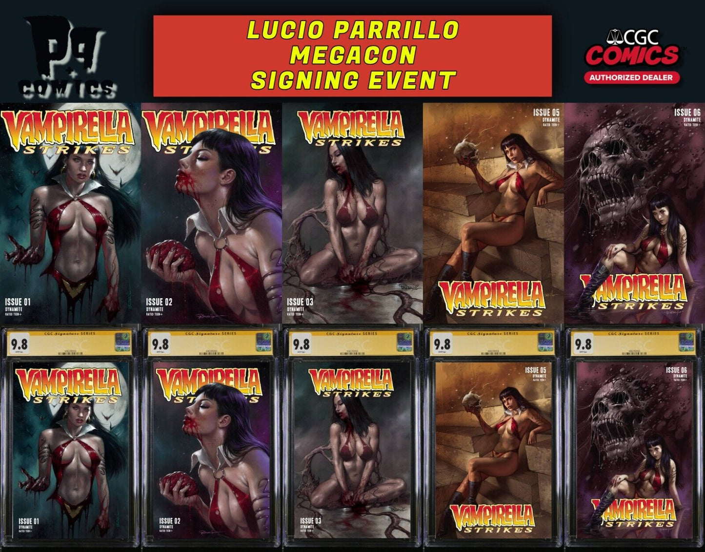 VAMPIRELLA STRIKES #1,2,3,5,6 CGC SS/RAW PARRILLO SIGNED/REMARK PRESALE MEGACON