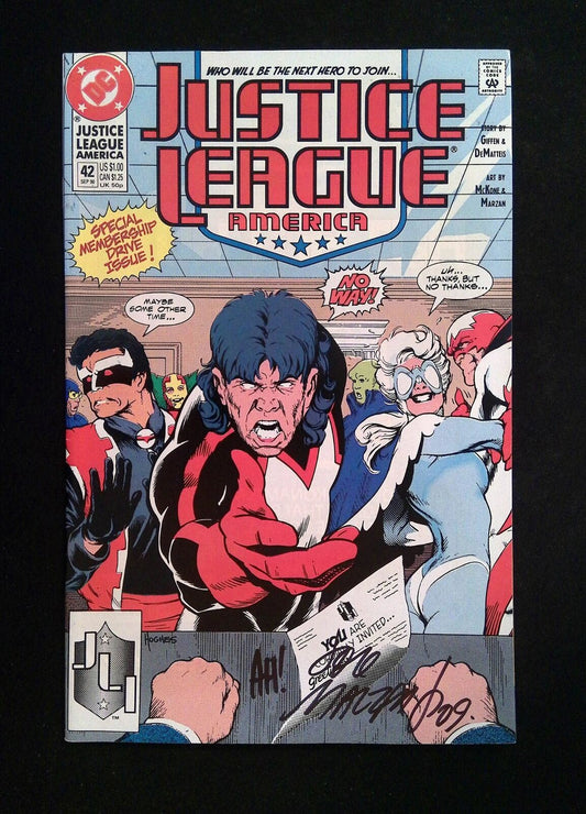Justice League America #42 DC 1990 VF/NM  SIGNED BY JOSE MARZAN, ADAM HUGHES