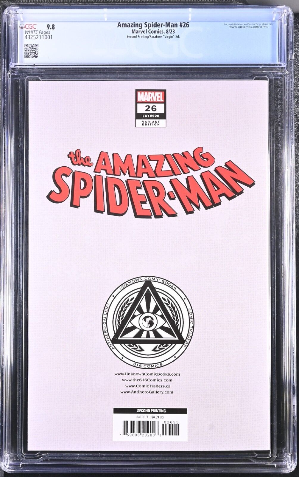 Amazing Spider-Man #26 8/23 Marvel Second Print/Paratore "Virgin" CGC 9.8 NM/MT