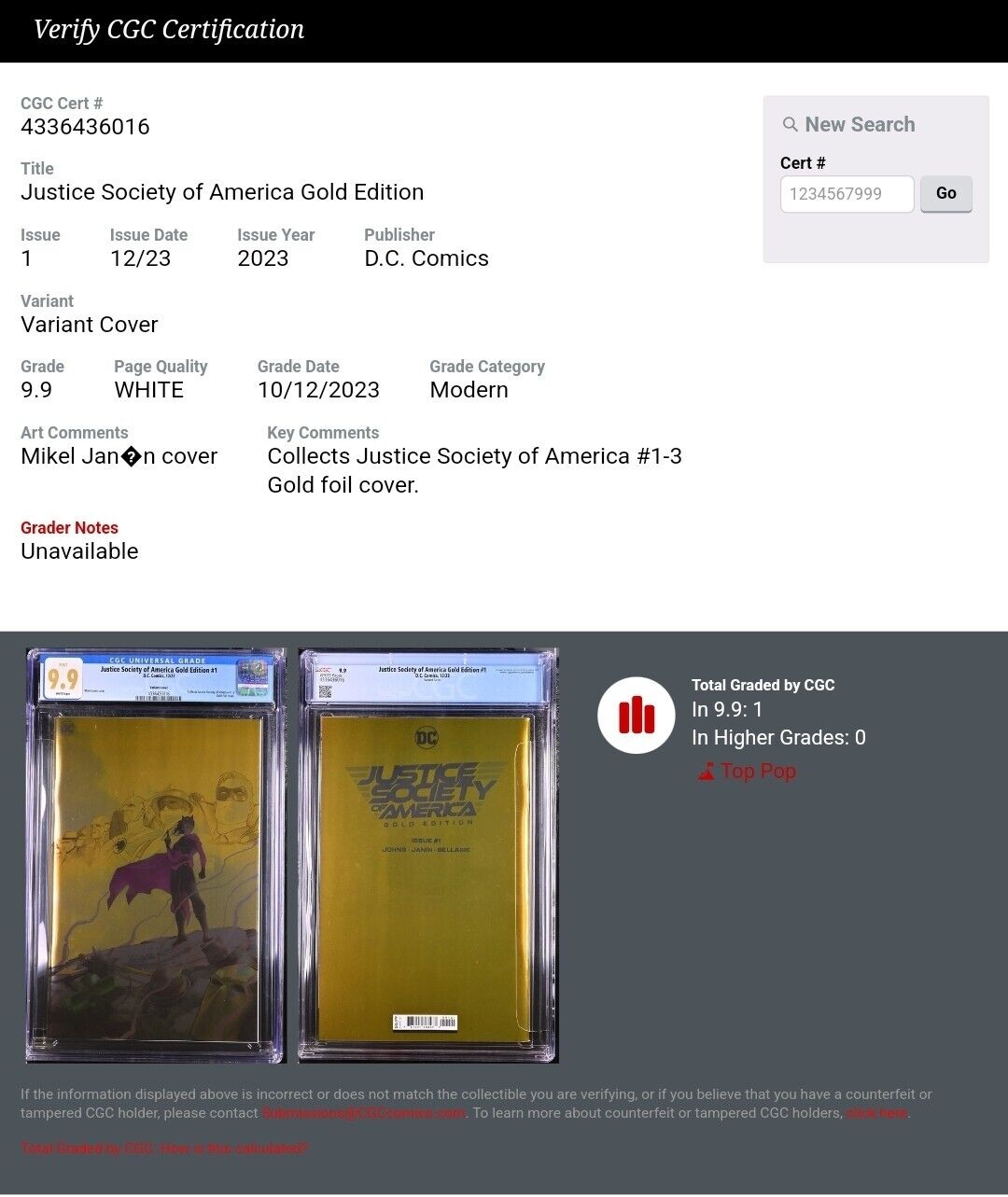 Justice Society of America: Gold #1 Golden Age Foil Variant CGC 9.9 RARE