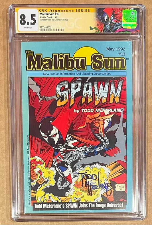 Malibu Sun #13 CGC 8.5 Signed By Todd McFarlane 1992 With Custom LABEL RARE